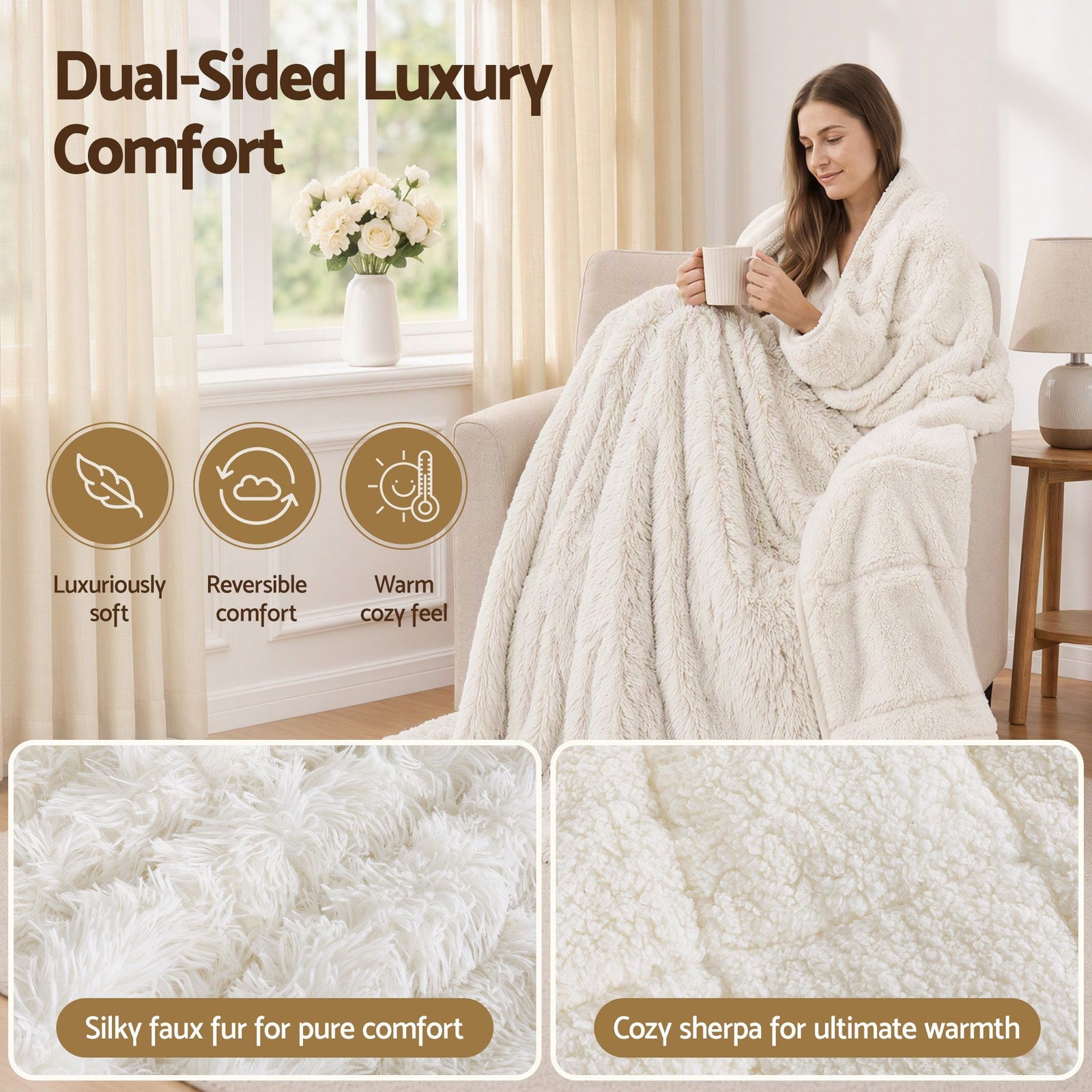 Giselle Faux Fur Weighted Blanket 2 Sided Long Pile Sherpa Reverse Cream 5.5KG 120 x 180cm