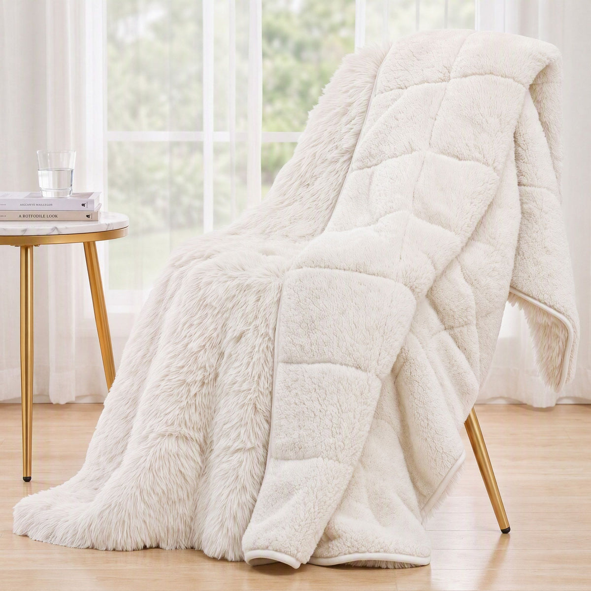 Giselle Faux Fur Weighted Blanket 2 Sided Long Pile Sherpa Reverse Cream 11KG 152 x 203cm