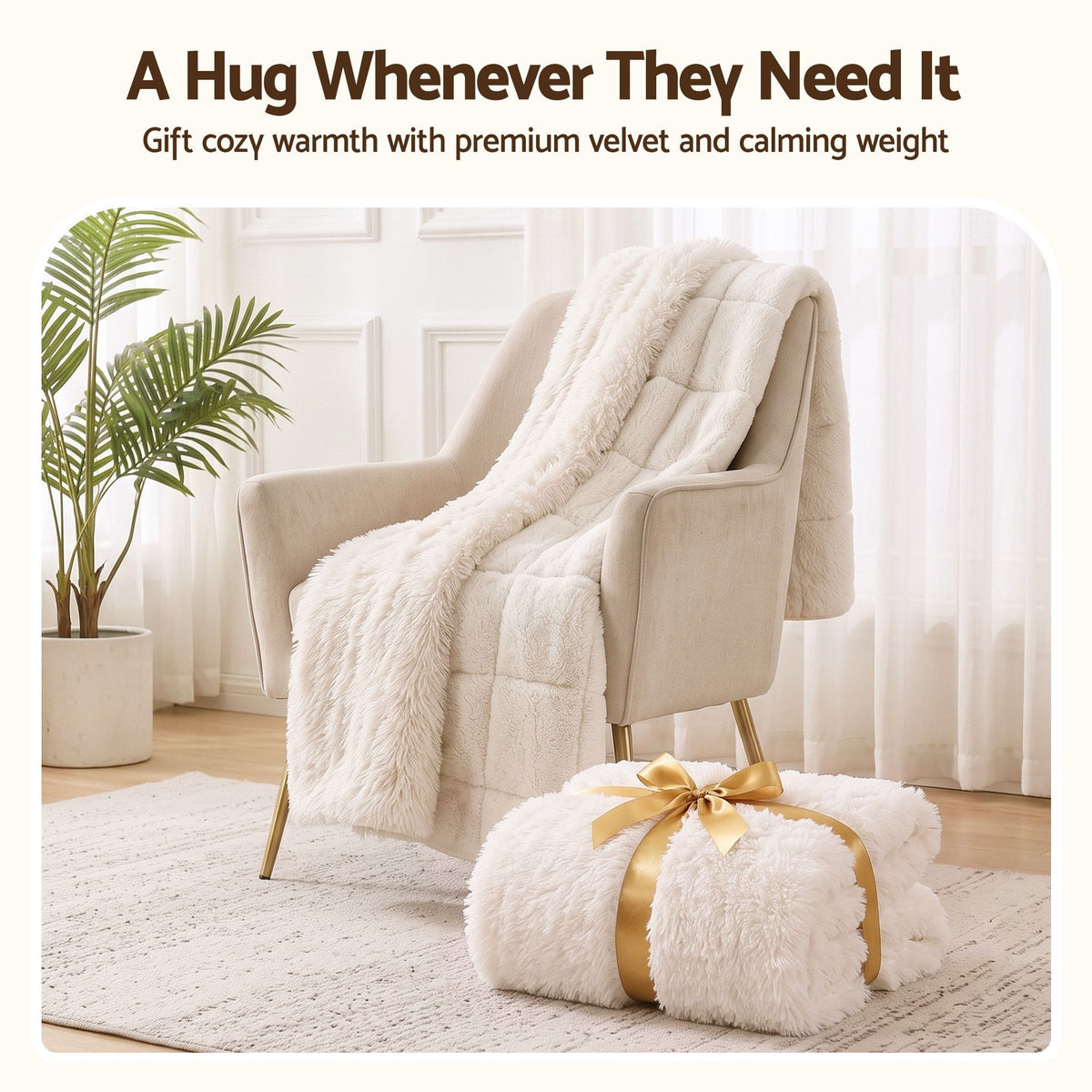 Giselle Faux Fur Weighted Blanket 2 Sided Long Pile Sherpa Reverse Cream 9KG 152 x 203cm