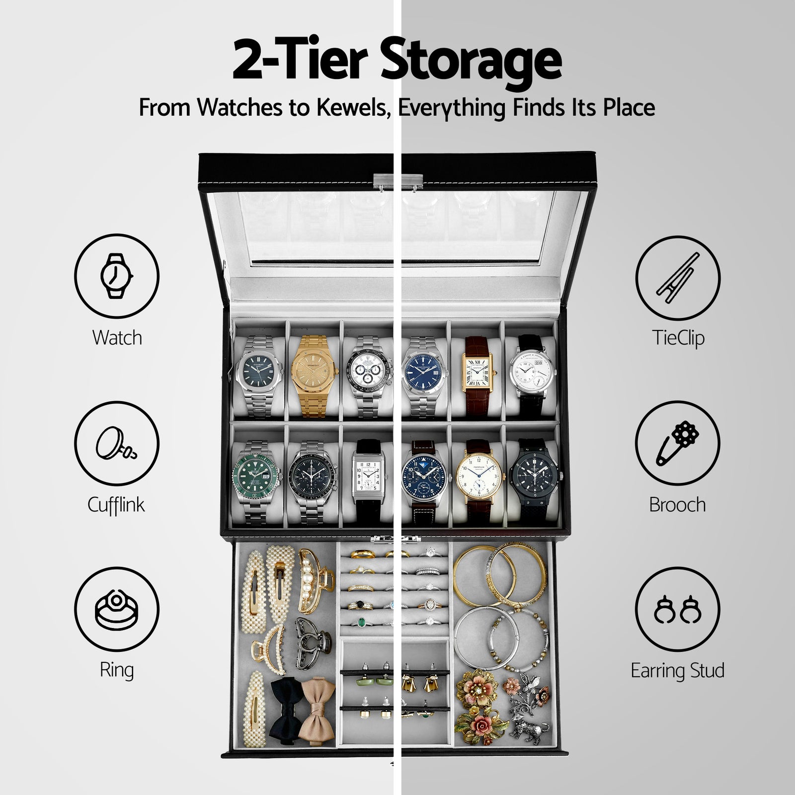 Embellir 12 Grids Watch Box Organizer Case Jewelry Display Storage Showcase