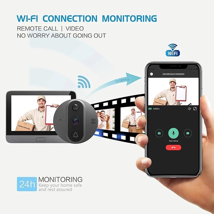 Smart Wifi Video Doorbell - 4.3 Inch Visual Peephole - Black-1915196509331263491