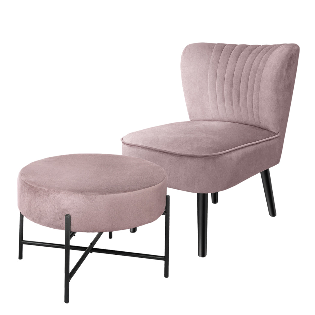 Levede Accent Chair Foot Stool Set Ottoman Pink-1919892908358635520