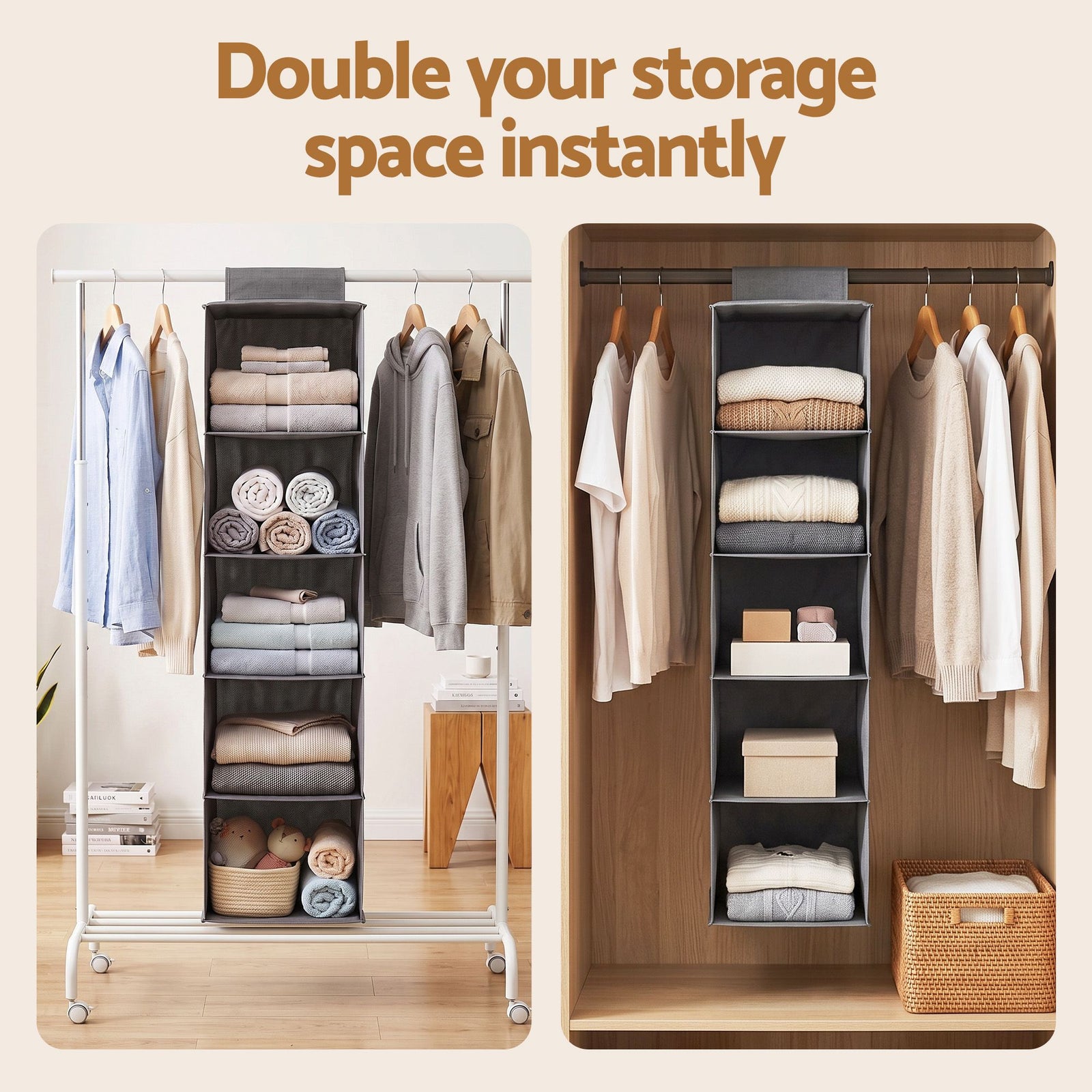 Artiss Hanging Closet Organiser 5 Tier Wardrobe Storage Grey 104cm