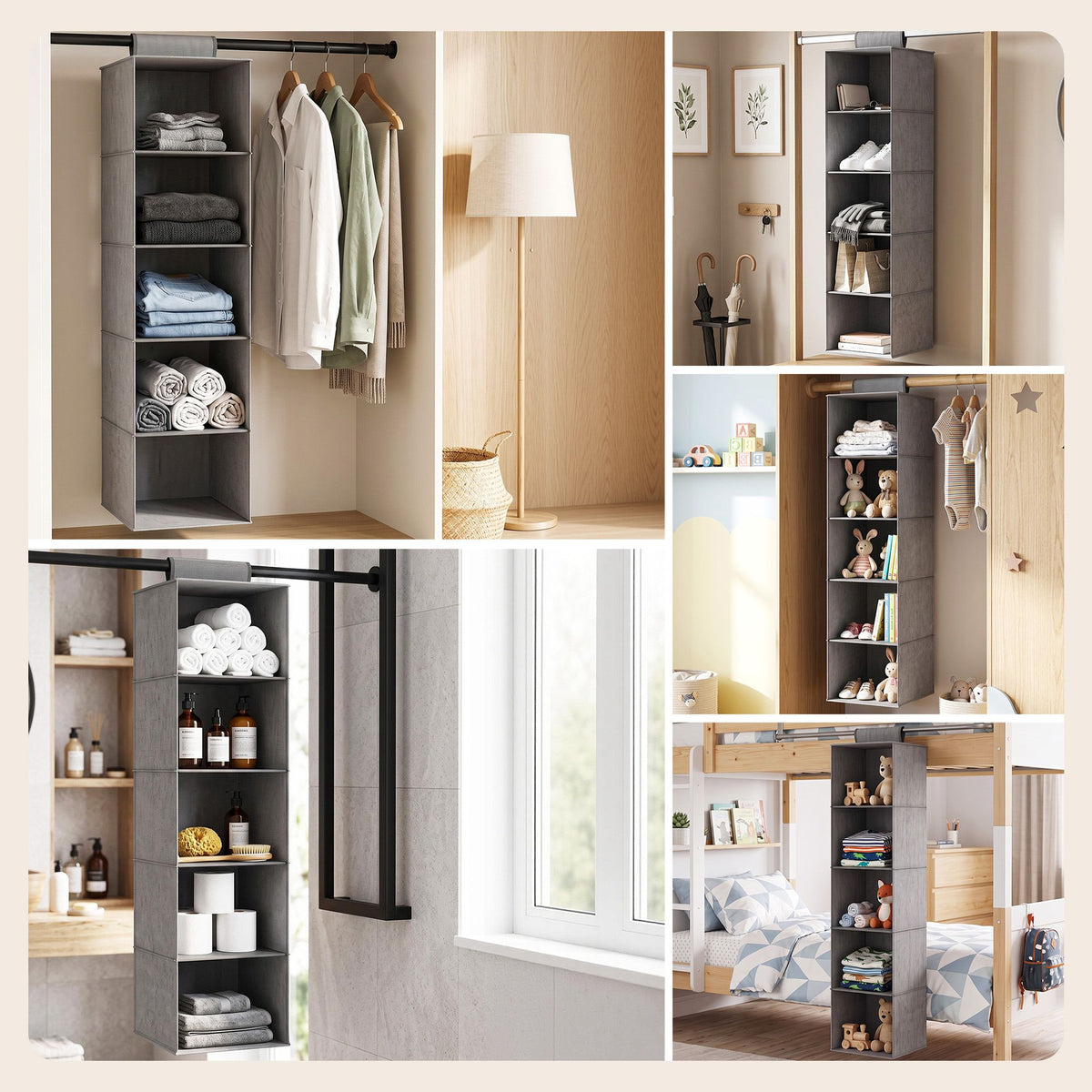 Artiss Hanging Closet Organiser 5 Tier Wardrobe Storage Grey 104cm