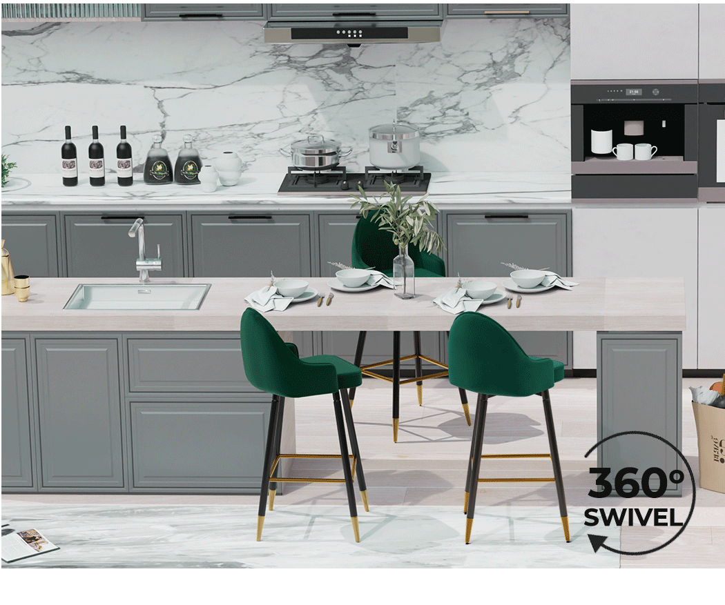 Levede Velvet Swivel Bar Stools x 2 Green-1919892919846834181