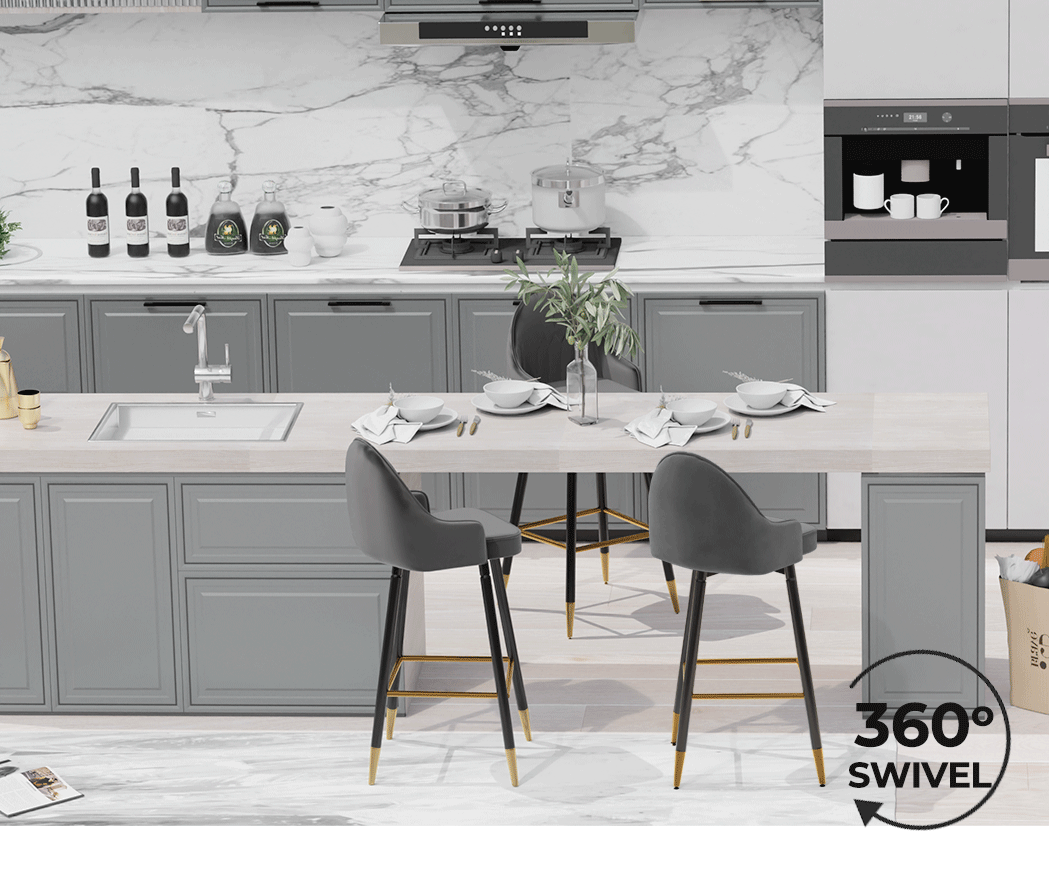 Levede Velvet Swivel Bar Stools x 2 Grey-1919892920018800644