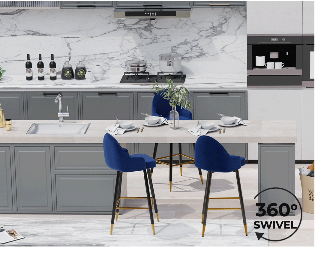 Levede Velvet Swivel Bar Stools x 2 Blue-1919892919670673412