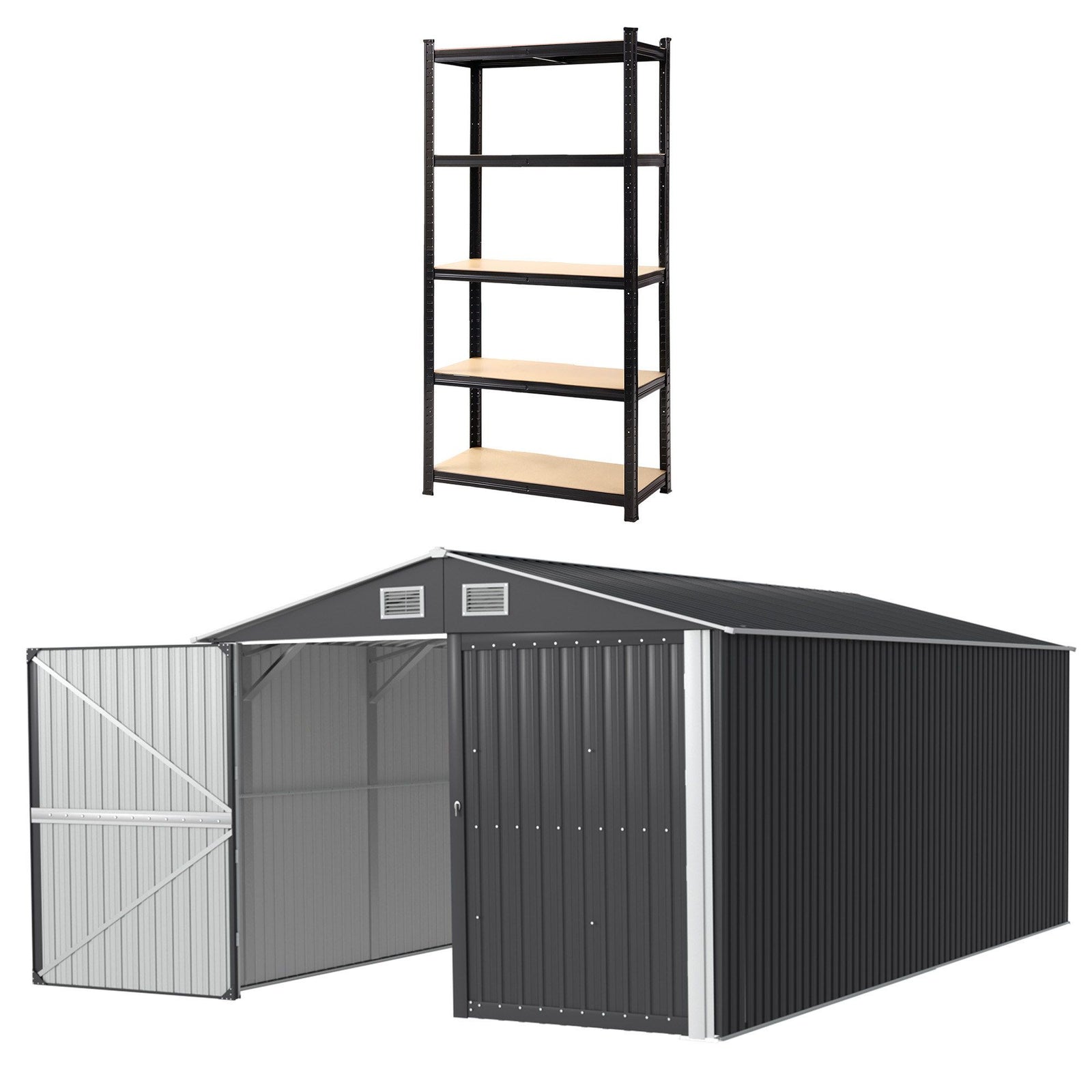 Giantz Garden Shed 3x5.38m Outdoor Tool Storage with 5-Tier Garage Shelving Rack