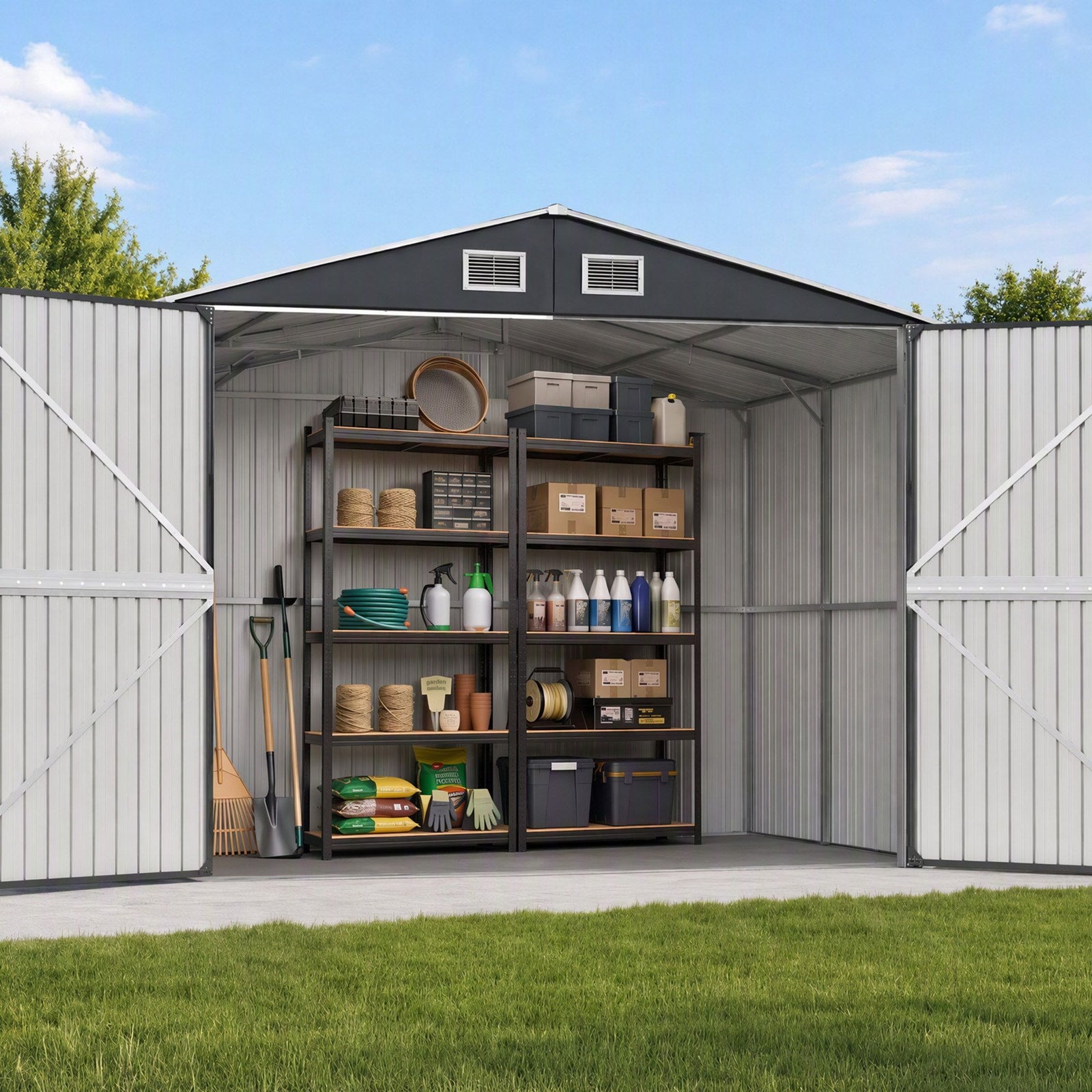 Giantz Garden Shed 3x5.38m Outdoor Tool Storage 2X 5-Tier Garage Shelving Rack