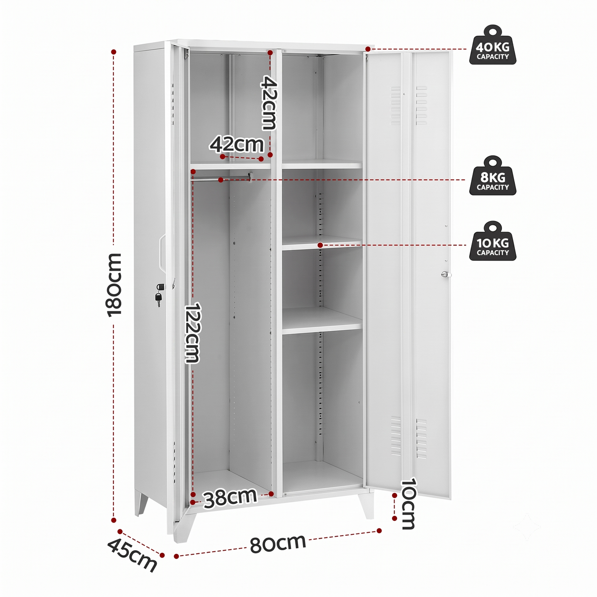 Artiss 2-Door Wardrobe Lockable Cabinet Storage Closet Hanging Rail Adjustable Shelves Cream White
