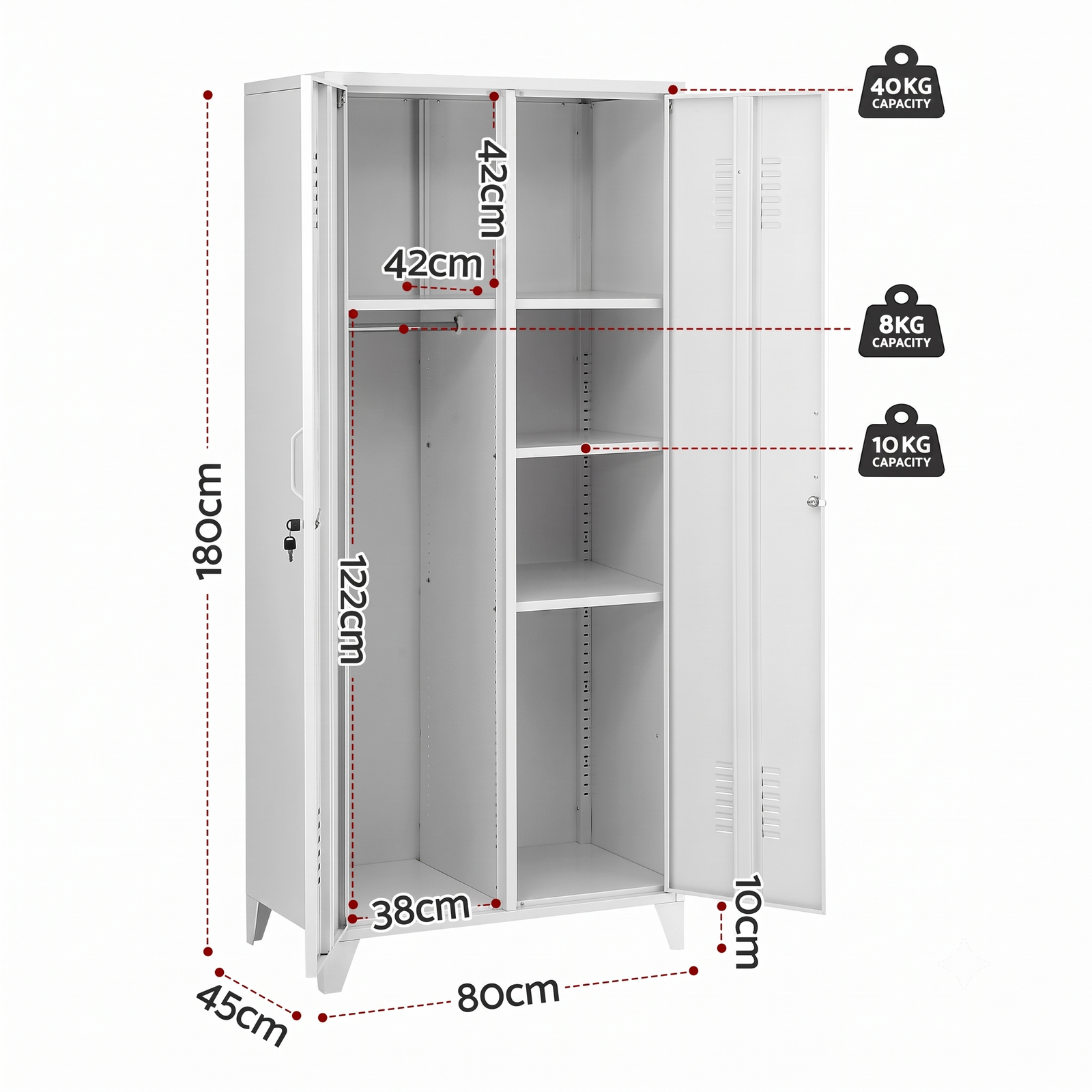 Artiss 2-Door Wardrobe Lockable Cabinet Storage Closet Hanging Rail Adjustable Shelves Cream White