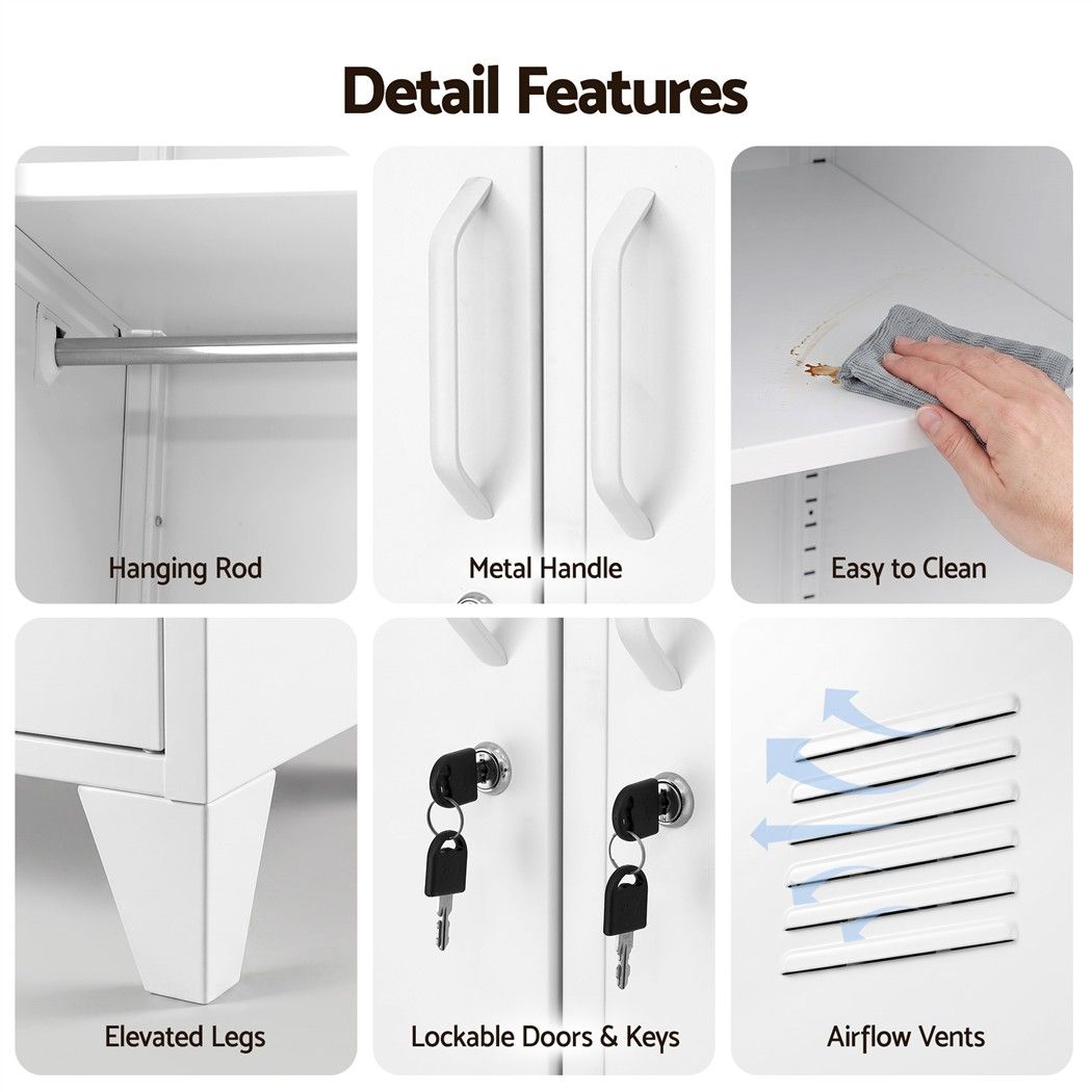Artiss 2-Door Wardrobe Lockable Cabinet Storage Closet Hanging Rail Adjustable Shelves Cream White
