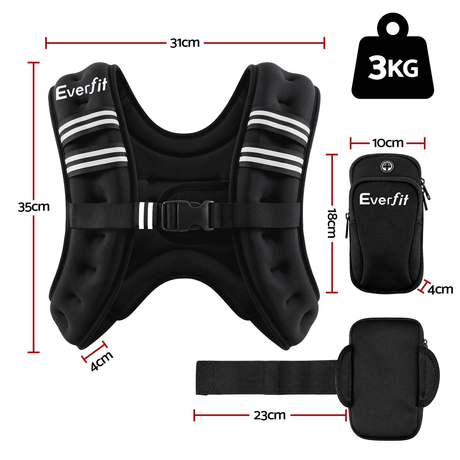 Everfit 3kg Weighted Vest Men Women, Reflective Running Vest with Armband Pouch