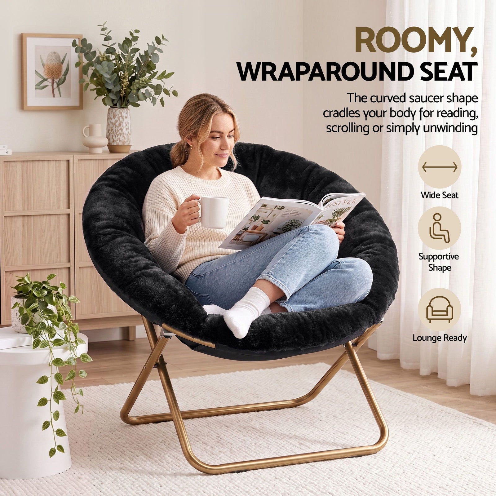 Artiss Cozy Saucer Chair Soft Faux Fur Folding Accent Chair for Bedroom Black