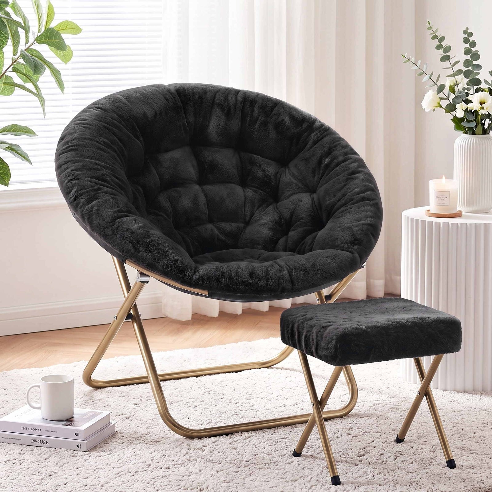 Artiss Comfy Saucer Chair Soft Faux Fur Foldable Accent Chair with Ottoman Black