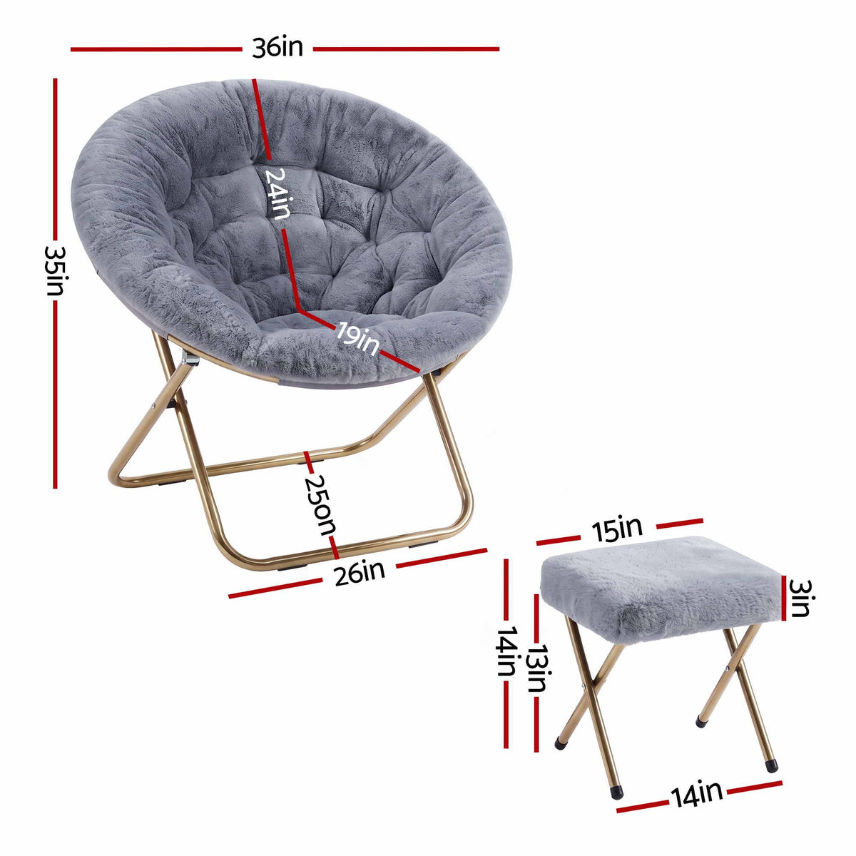 Artiss Comfy Saucer Chair Soft Faux Fur Foldable Accent Chair with Ottoman Grey