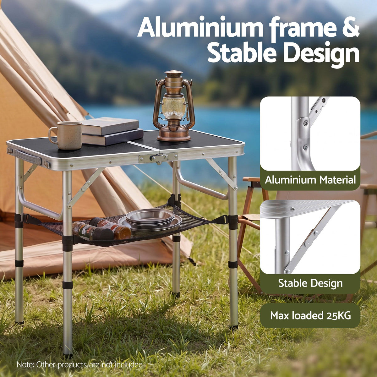 Weisshorn Folding Camping Table Adjustable Aluminium 60 x 40 cm Black