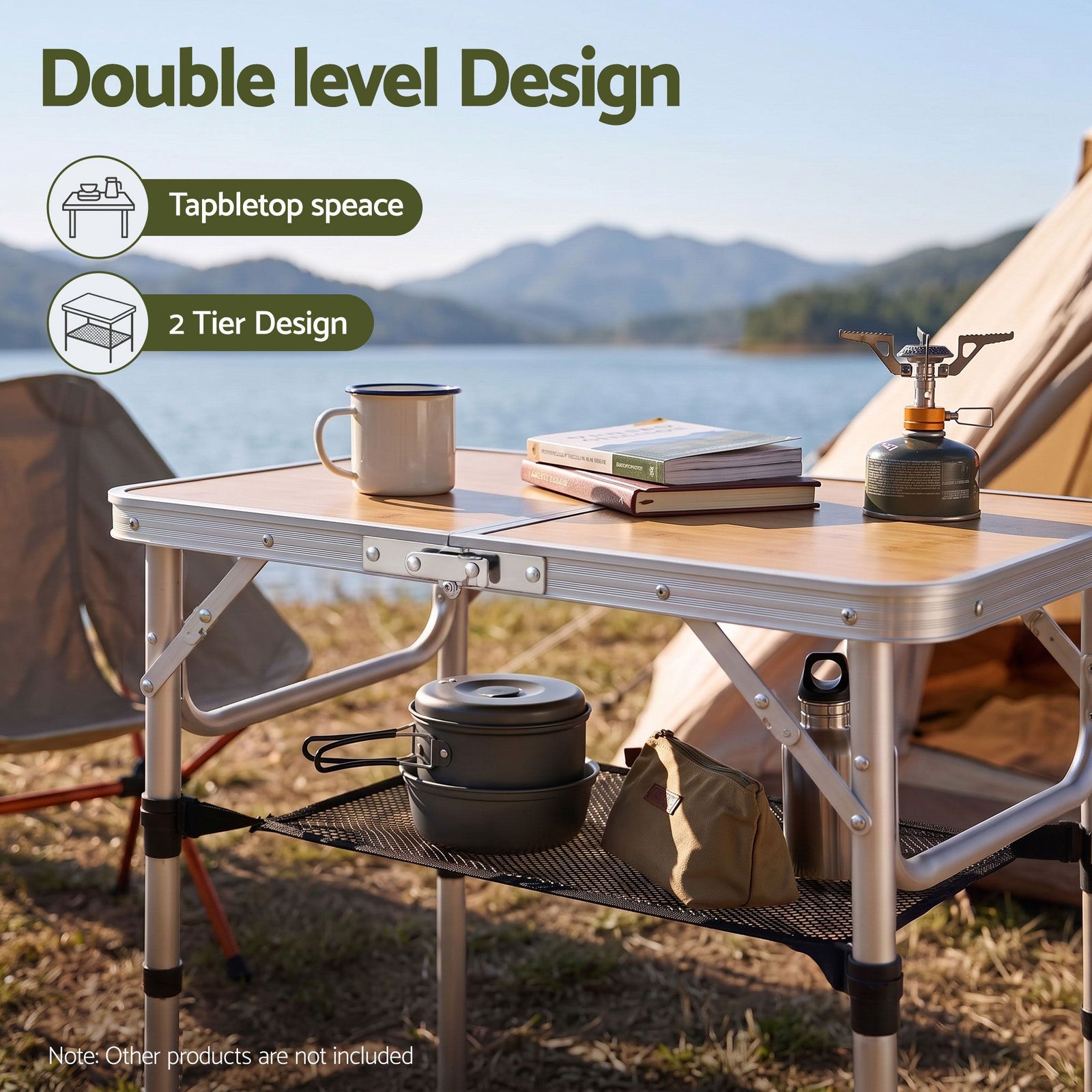Weisshorn Folding Camping Table Adjustable Aluminium 60 x 40 cm Wood Grain