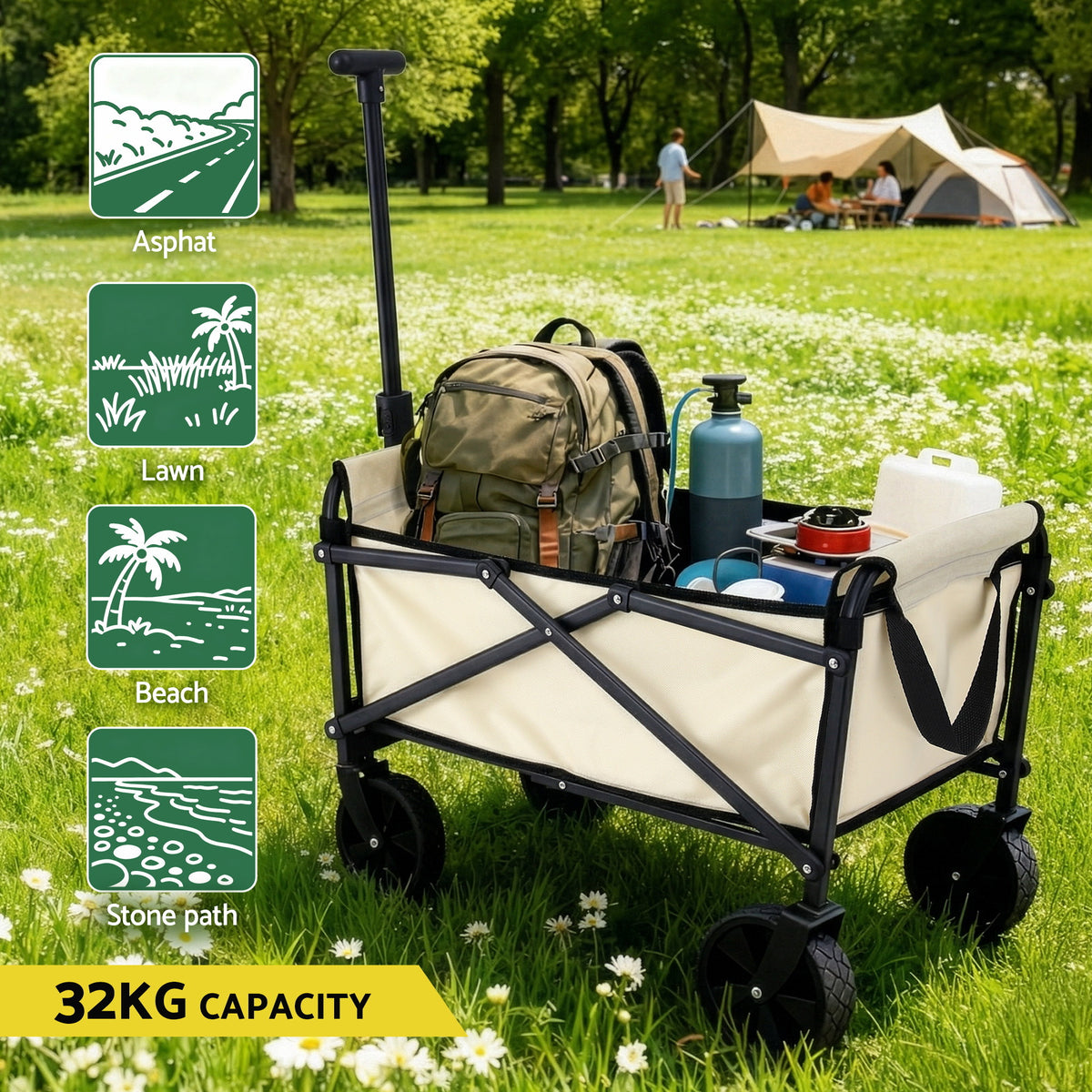 Gardeon Garden Cart Folding Trolley Camping Wagon Barrow Outdoor Beach Beige