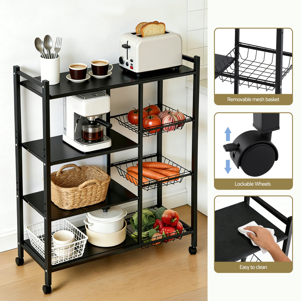 Artiss 4-Tier Kitchen Rack Microwave Bakers Storage Shelf with 3 Baskets Wheels