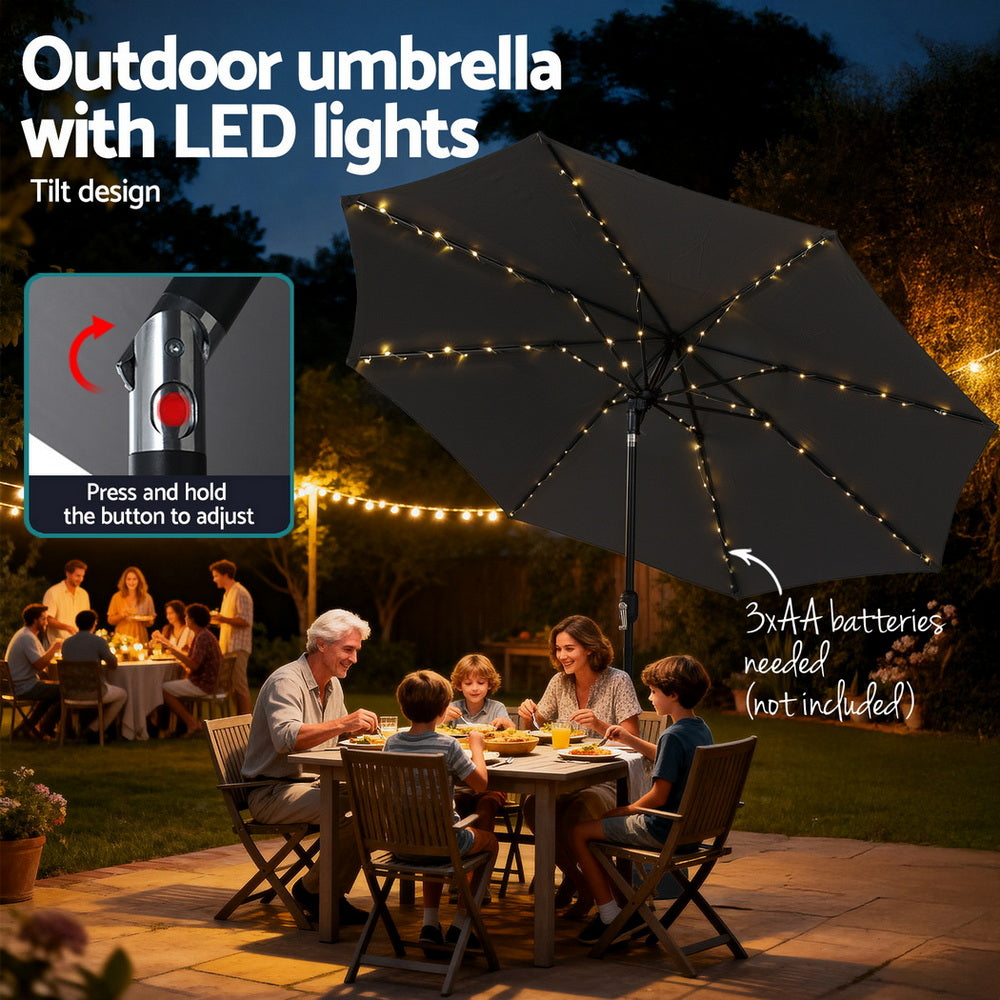 Instahut Outdoor Umbrella 2.9m Market Umbrella with String Light Tilt Charcoal Shade