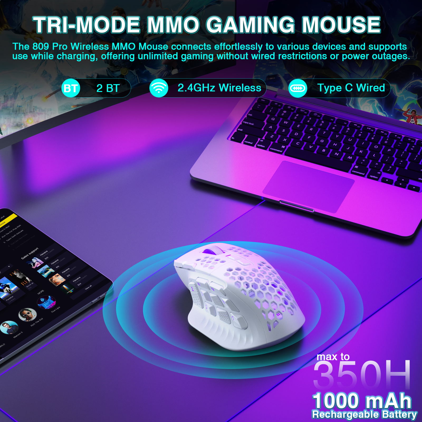 SOLAKAKA Wireless MMO Gaming Mouse 16 Buttons Bluetooth 24000 DPI RGB