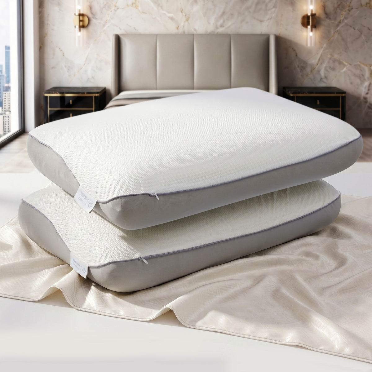 ROOMSENSE Reversible Dual-Sided Memory Foam Pillow, Ice-Cooling &amp; Warm Fabric Sides, 55D Ultra-High Density Ergonomic Contour Pillow for Neck Pain Relief, Back &amp; Side Sleepers
