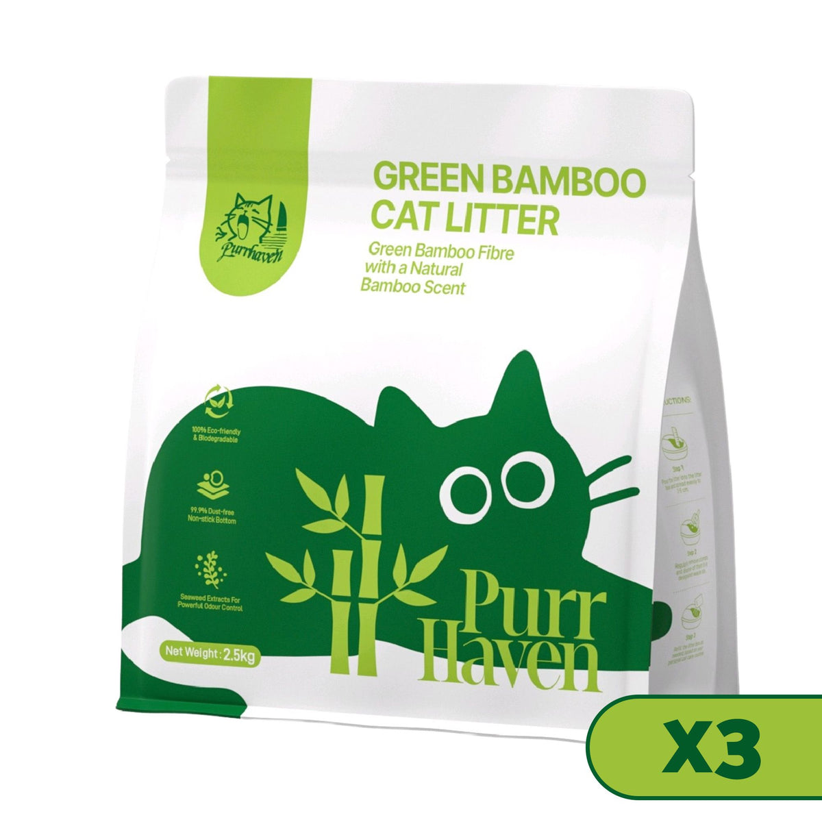 PurrHaven Bamboo Clumping Cat &amp; Kitty Litter, 7.5kg (3 Pack),Dust Free,Natural Flusable,Easy to Clean,Odour Neutraliser,Rapid Liquid Absorption,Non-Toxic Formula
