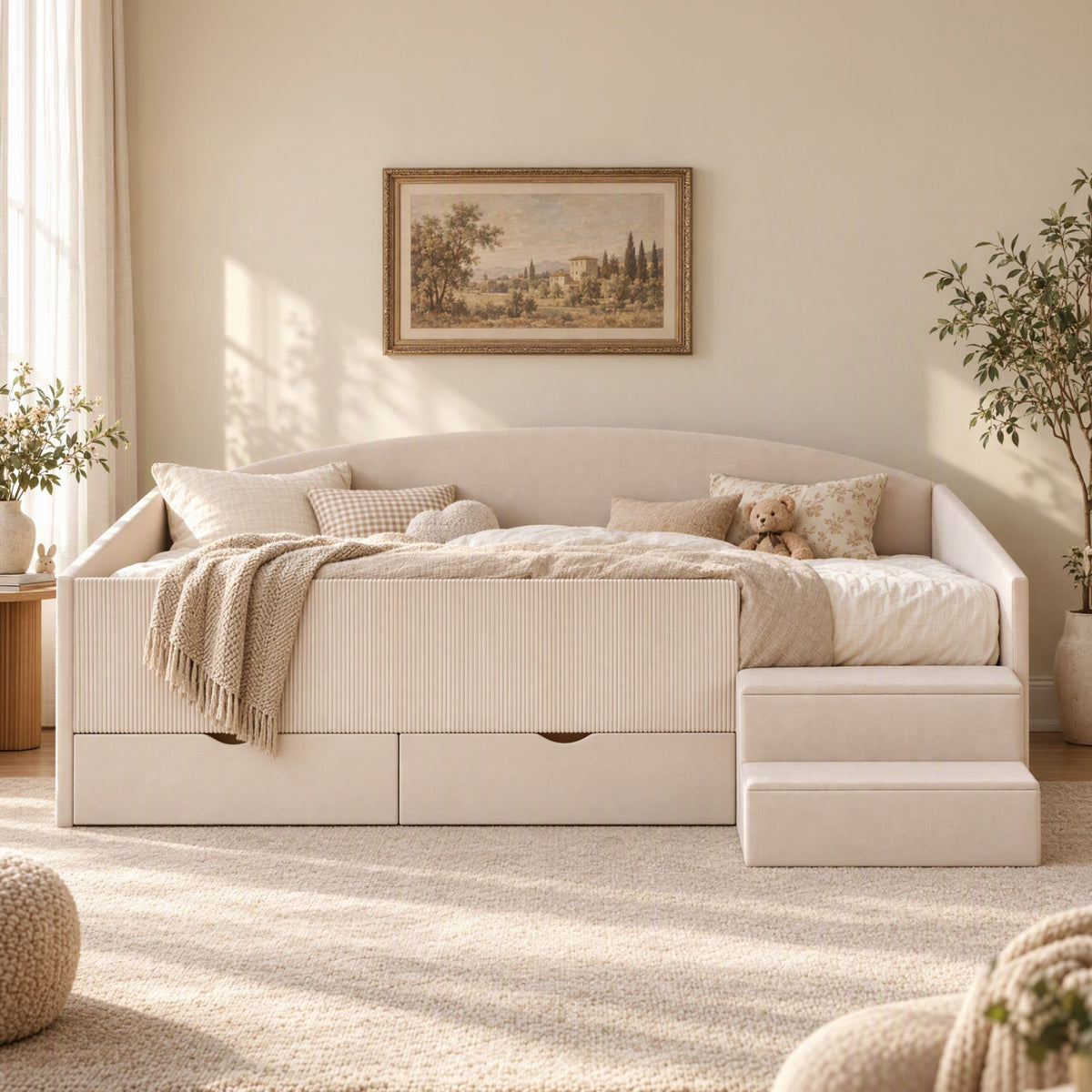 Artiss King Single Upholstered Daybed with Stairs &amp; Storage Drawers, Beige