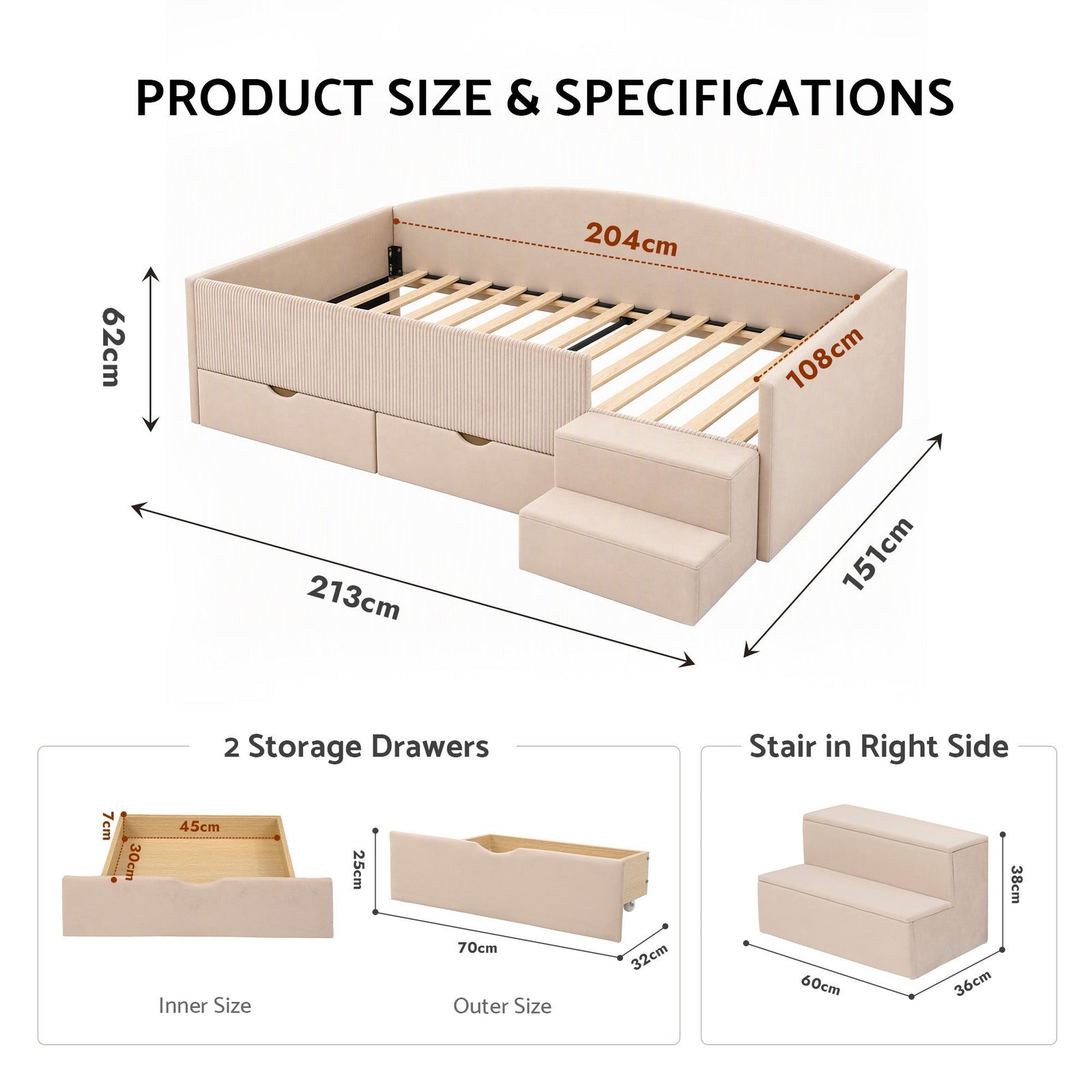 Artiss King Single Upholstered Daybed with Stairs & Storage Drawers, Beige
