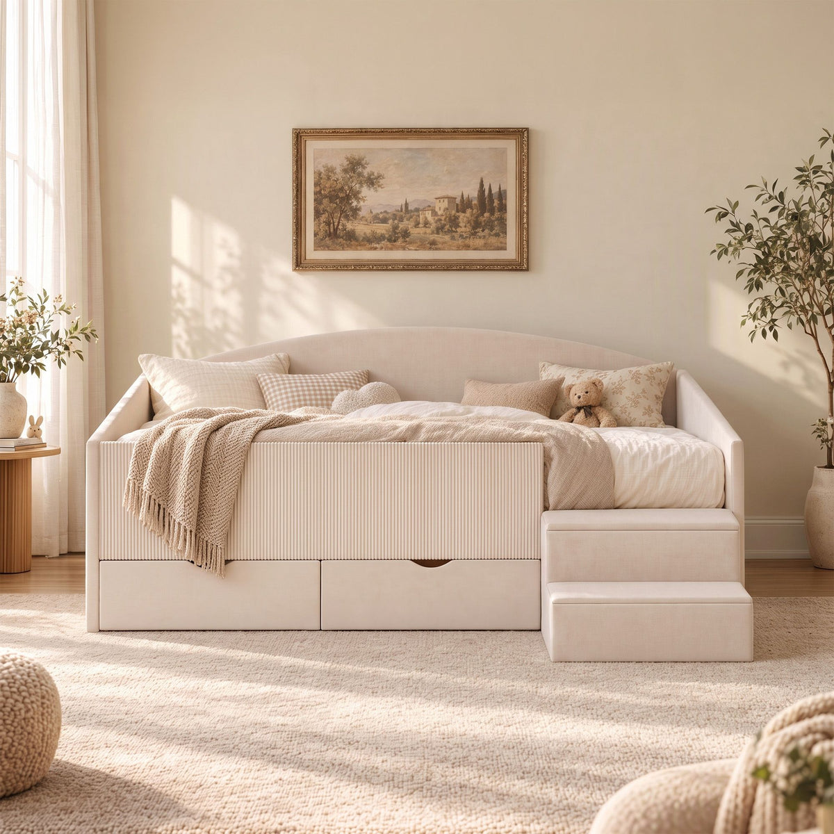 Artiss Single Upholstered Daybed with Side Stairs &amp; Storage Drawers, Beige