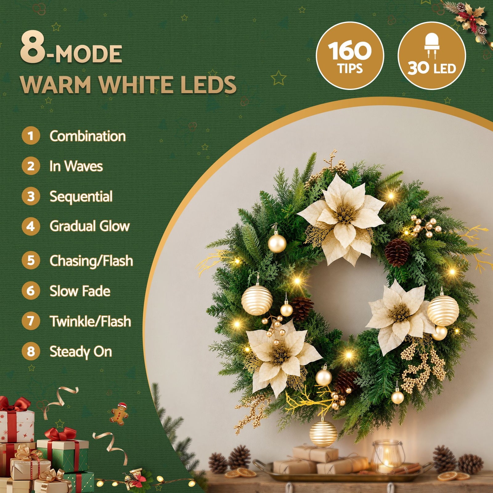 Jingle Jollys 60cm Pre-Lit Christmas Wreath LED Garlands Gold Flowers Pinecones Decor