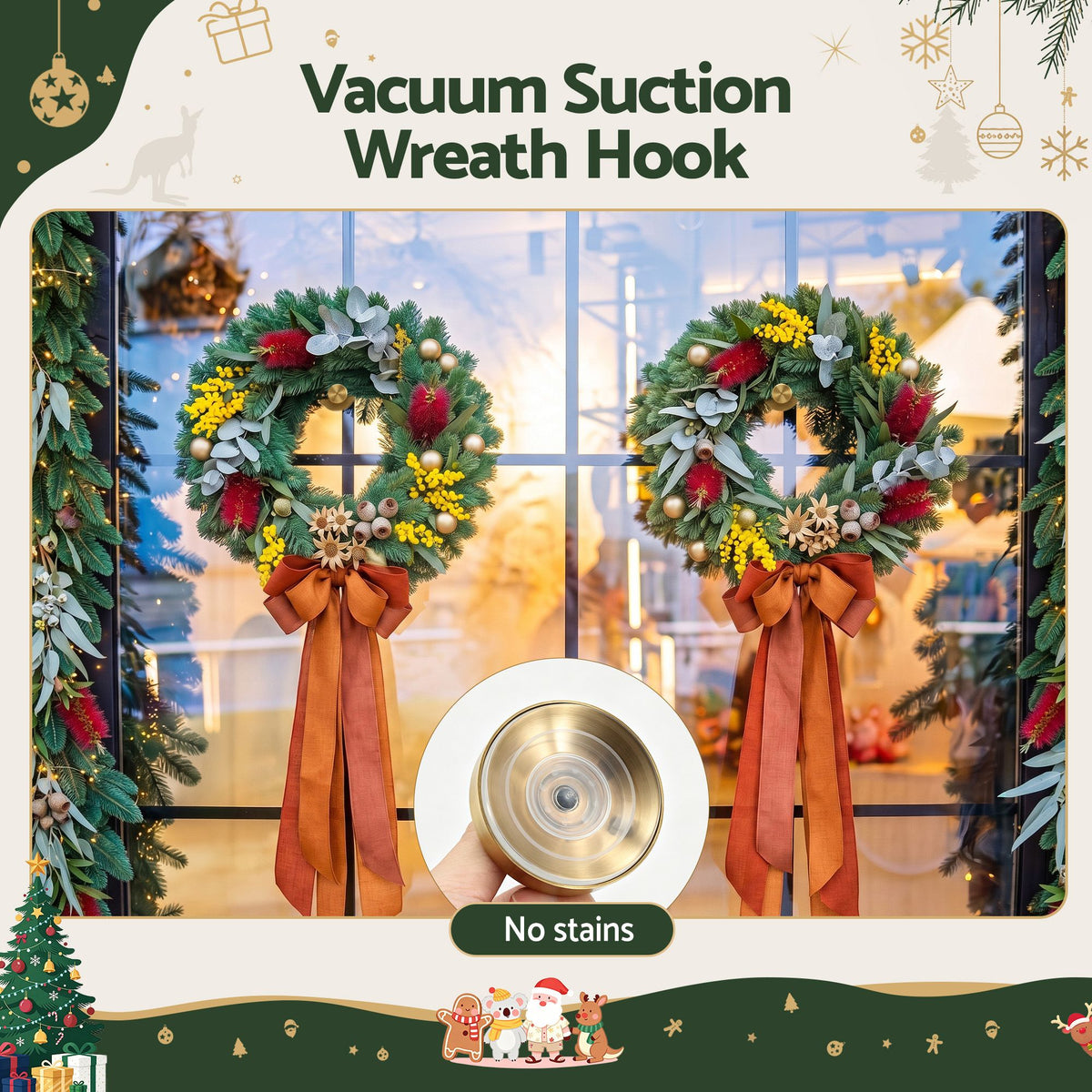 Jingle Jollys 2x Vacuum Suction Cup Christmas Wreath Hook Stainless Steel Heavy Duty 5kg