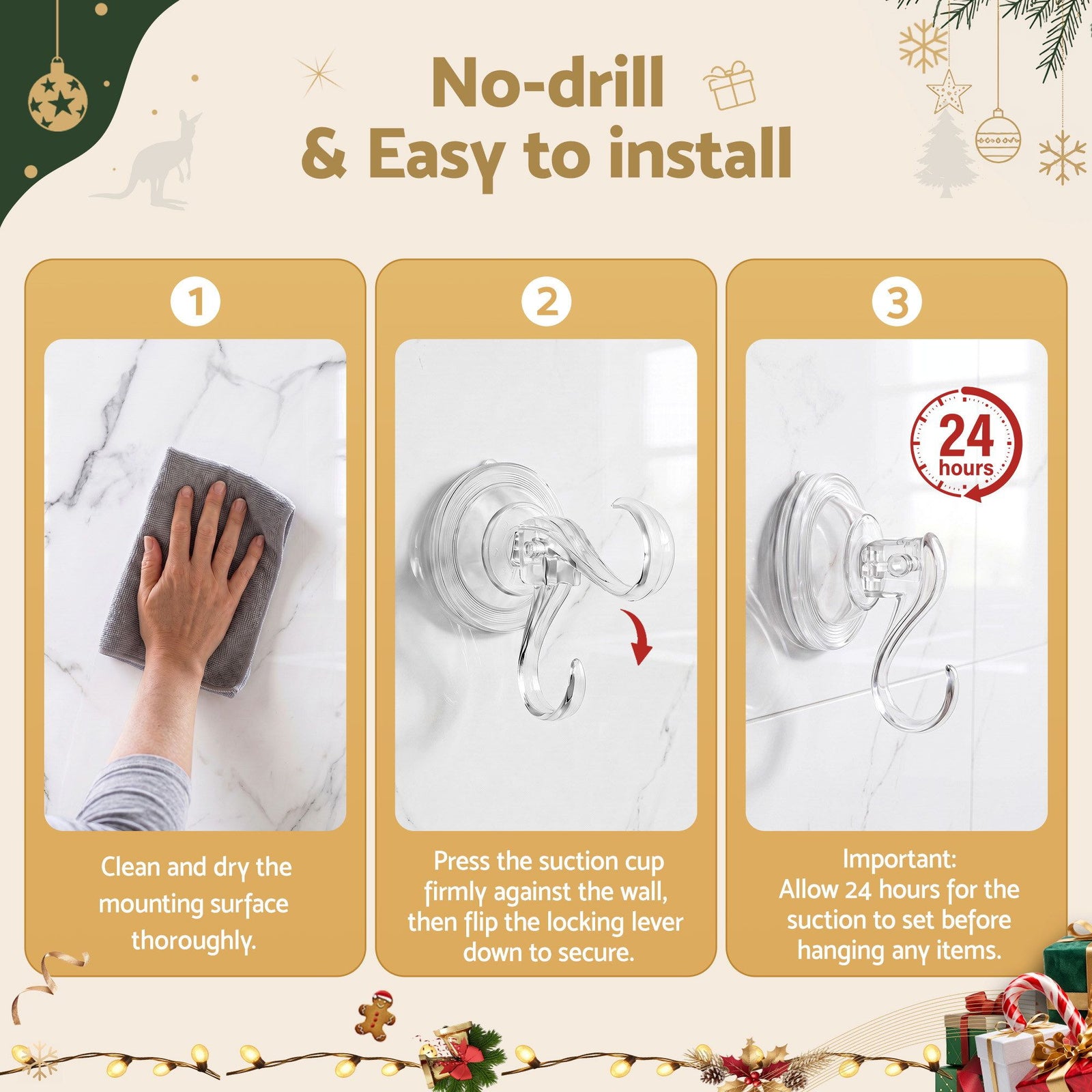 Jingle Jollys 2x Suction Cup Hooks Heavy Duty Christmas Wreath Hanger Window 5kg