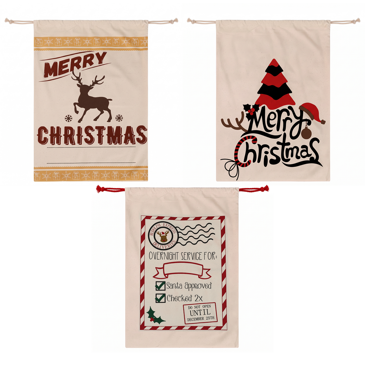 Jingle Jollys 3PCS Christmas Santa Sacks Large Reusable Personalised Canvas Gift Storage Bags