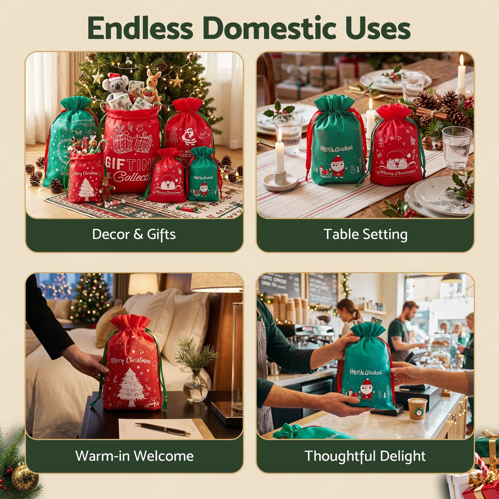 Jingle Jollys 6PCS Christmas Santa Sacks Drawstring Reusable Gift Storage Bags 2 Sizes