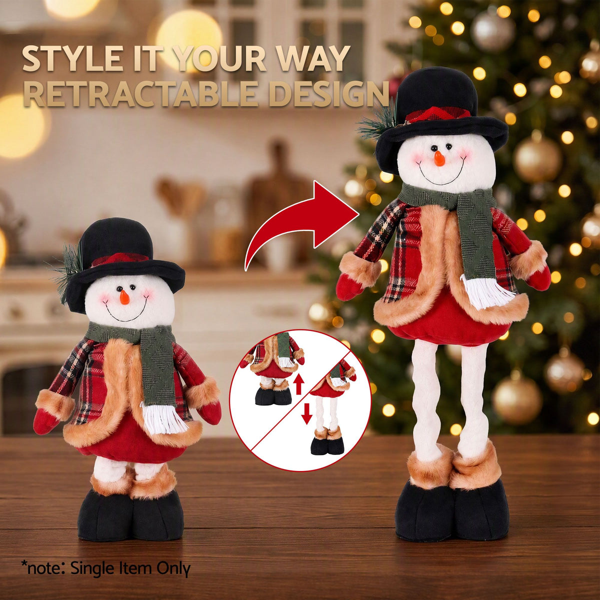 Jingle Jollys Christmas Snowman Ornament 40-56cm Telescopic Tabletop Decoration Doll, Adjustable Length For Tabletop, Window, Mantel, Indoor Holiday Decor