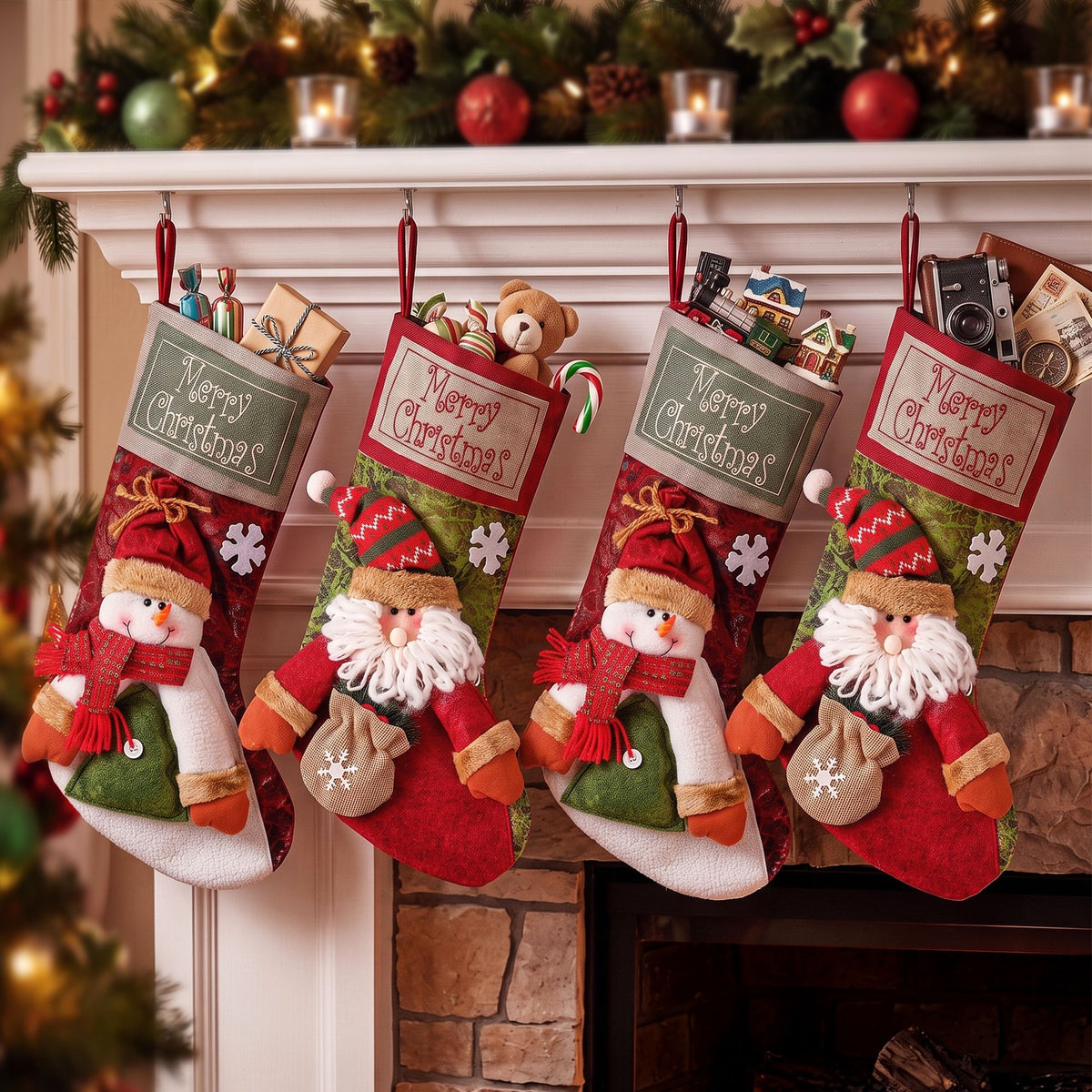 Jingle Jollys 4PCS Christmas Stockings Large 3D Plush Santa Snowman 43.5cm Christmas Decor for Family Holiday Christmas Party Decorations