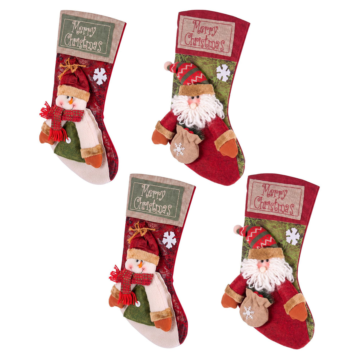 Jingle Jollys 4PCS Christmas Stockings Large 3D Plush Santa Snowman 43.5cm Christmas Decor for Family Holiday Christmas Party Decorations