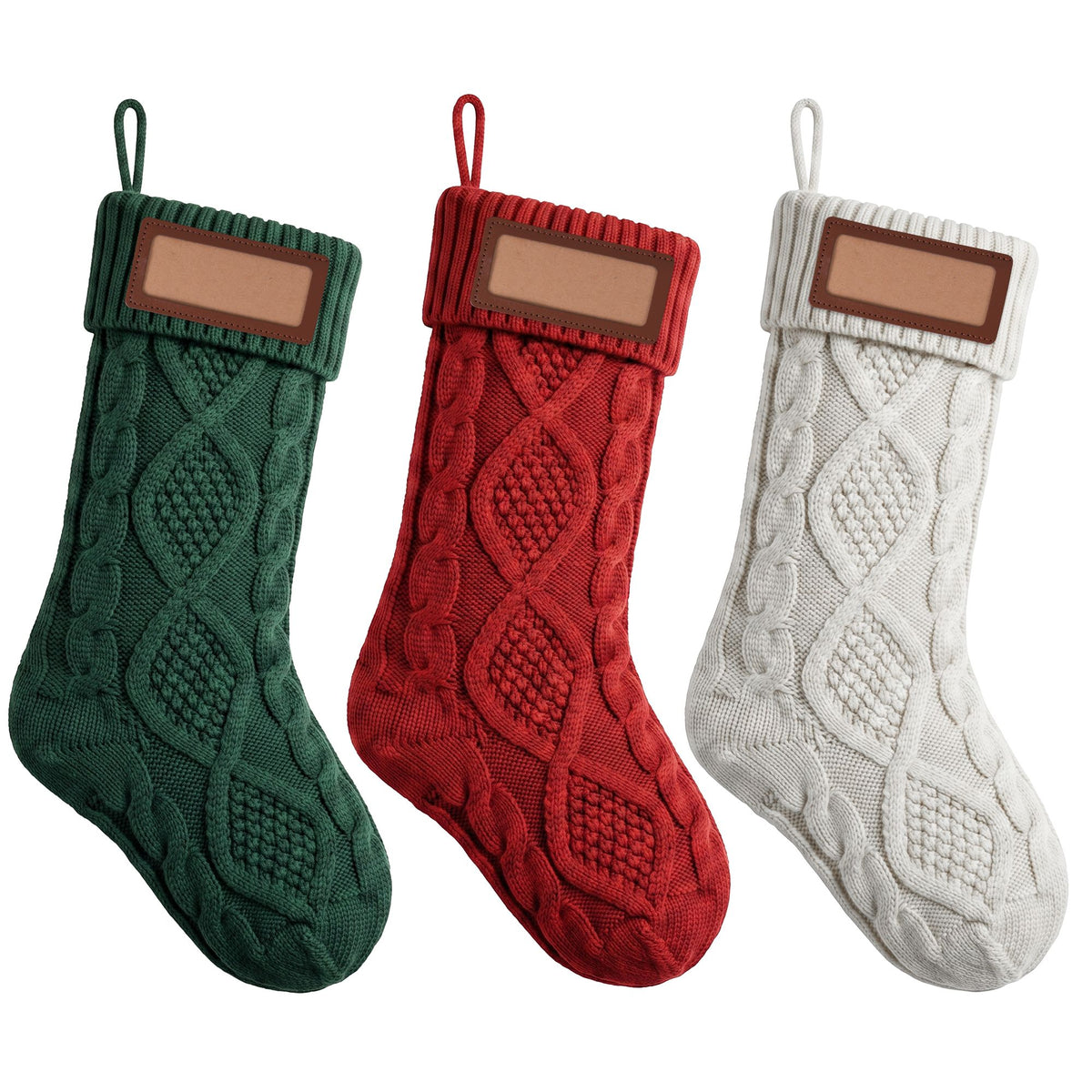 Jingle Jollys 3PCS Personalized Christmas Stockings with Leather Patches 16 Inch Knitted Solid Colour Xmas Decor For Fireplace Mantel, Christmas Tree, Home Decoration &amp; Holiday Party Displays