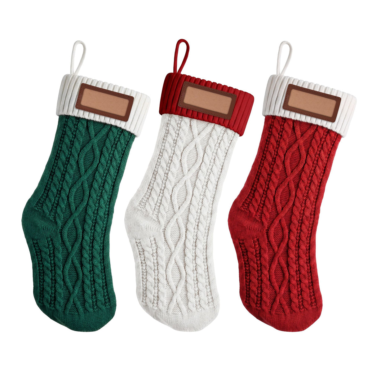 Jingle Jollys 3PCS Personalized Christmas Stockings with Leather Patches, 16 Inch Knitted Contrast Colour Xmas Hanging Decor For Fireplace Mantel, Christmas Tree, Home Decoration &amp; Holiday Party Displays