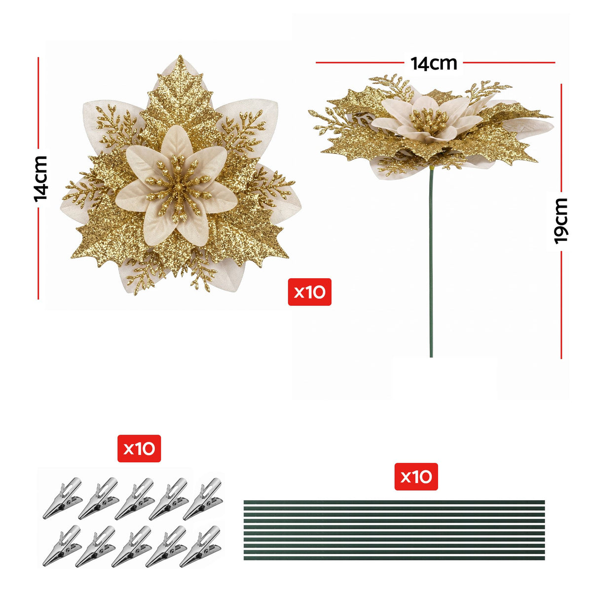 Jingle Jollys 10Pcs Christmas Tree Flower Set Garland Wreath Poinsettia Decorations