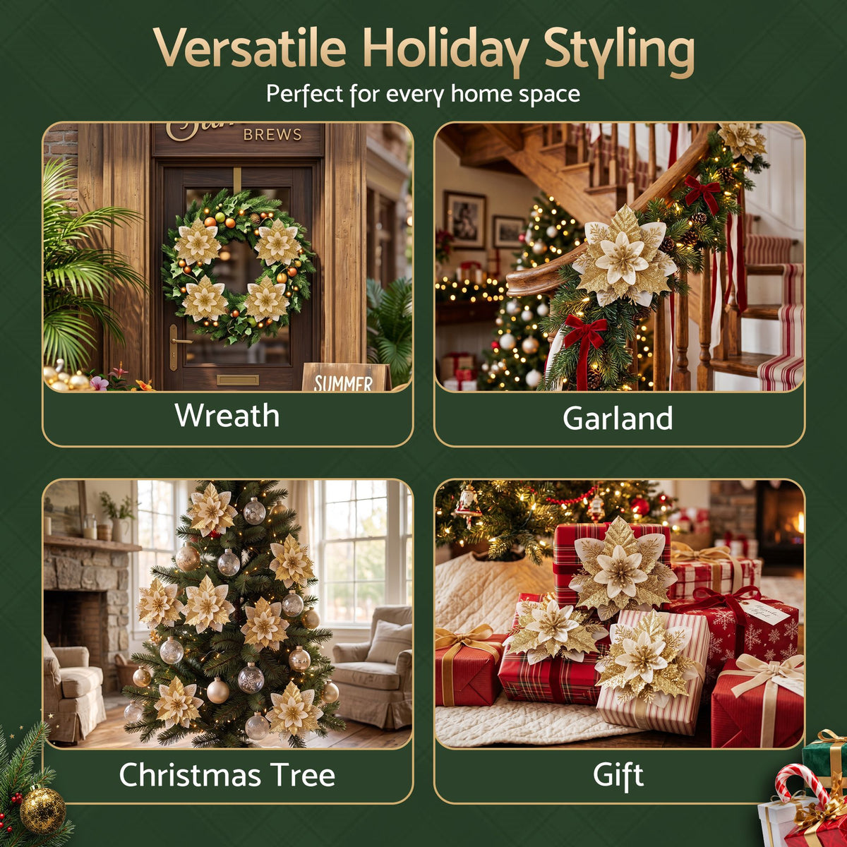 Jingle Jollys 10Pcs Christmas Tree Flower Set Garland Wreath Poinsettia Decorations