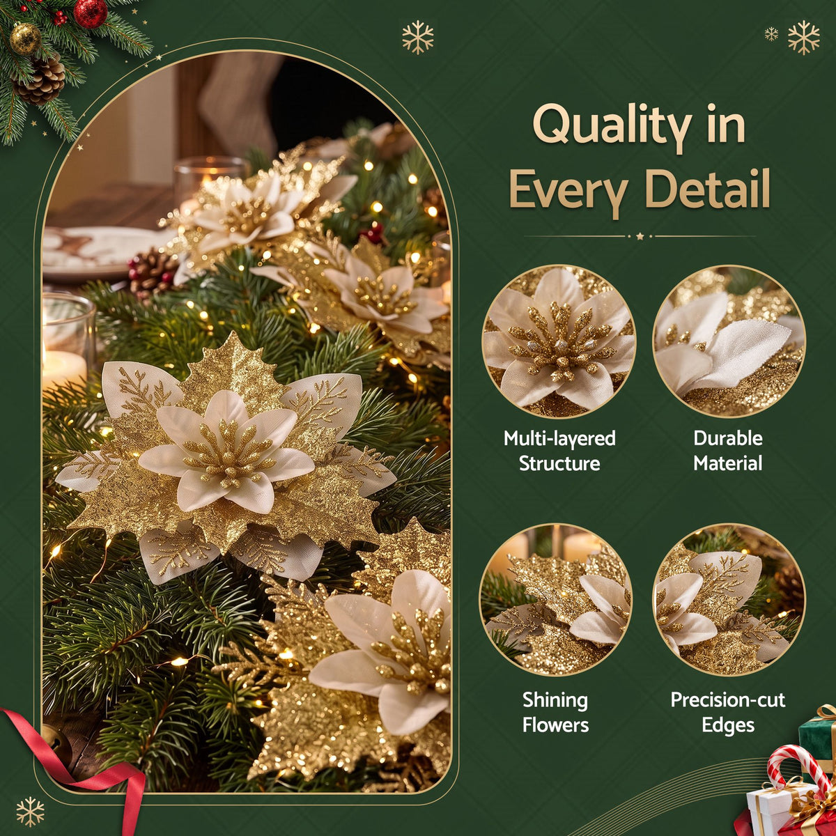 Jingle Jollys 10Pcs Christmas Tree Flower Set Garland Wreath Poinsettia Decorations