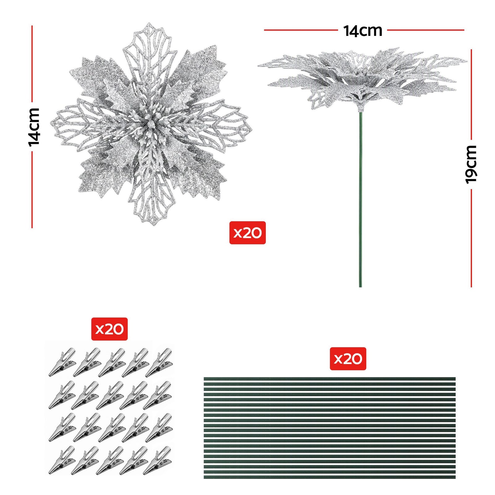 Jingle Jollys 20Pcs Christmas Tree Flower Set Garland Wreath Poinsettia Decorations