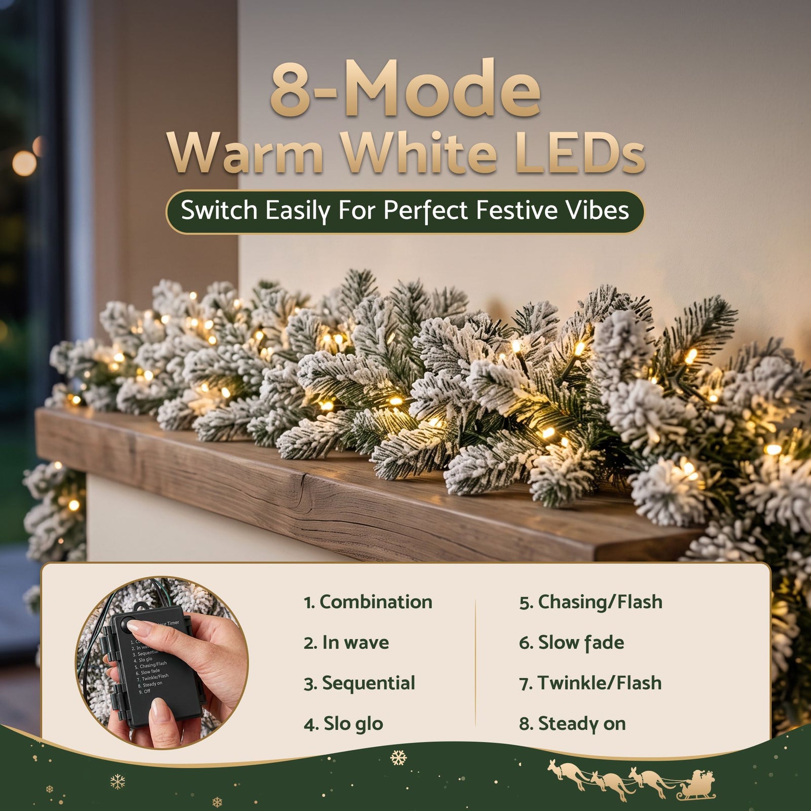 Jingle Jollys 1.8M Christmas Garland 8 Mode LED Snow Frosted Tips Auto Timing