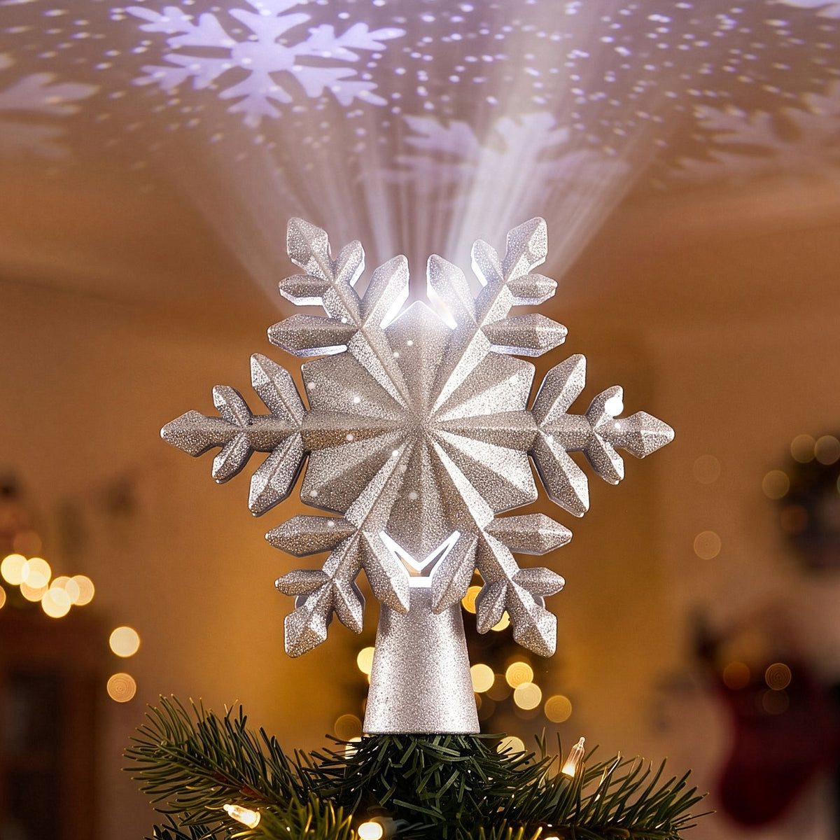 Jingle Jollys Christmas Tree Topper Lighted 360° Rotating Snowflake Projector Silver Glitter