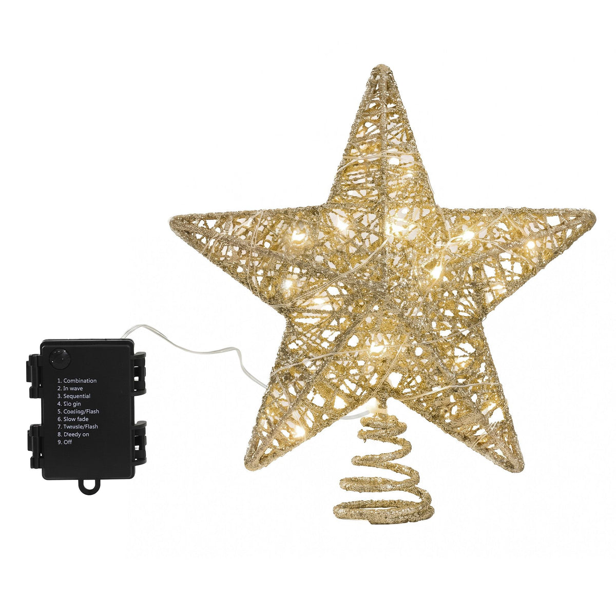 Jingle Jollys 3D Christmas Tree Topper Star 20 Warm LED Lights Gold Glitter