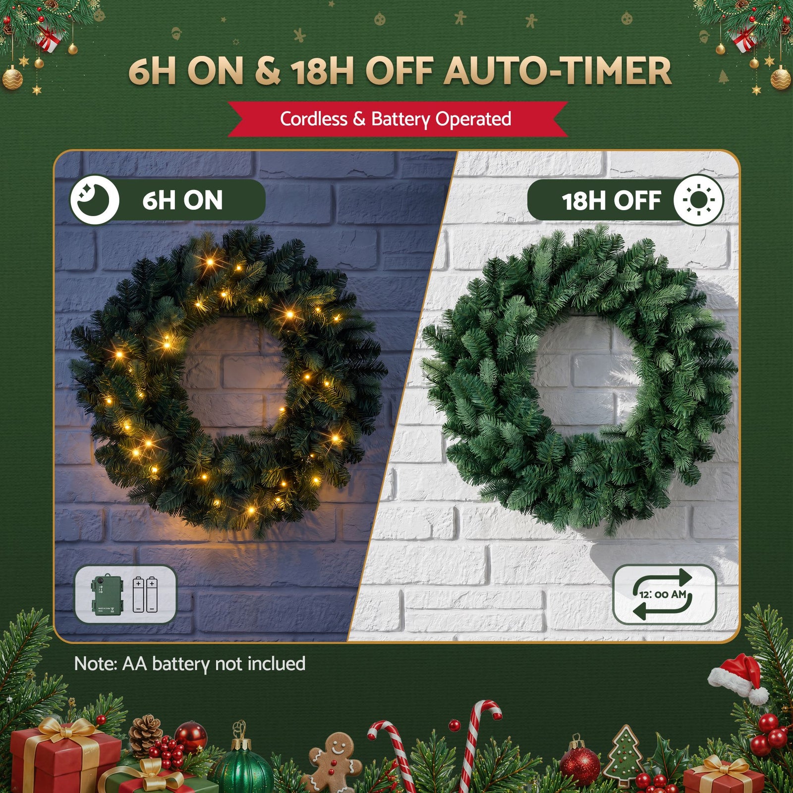 Jingle Jollys 60cm Pre-Lit Christmas Wreath GarlandsWarm White LED Light Door Wreaths Battery Timer