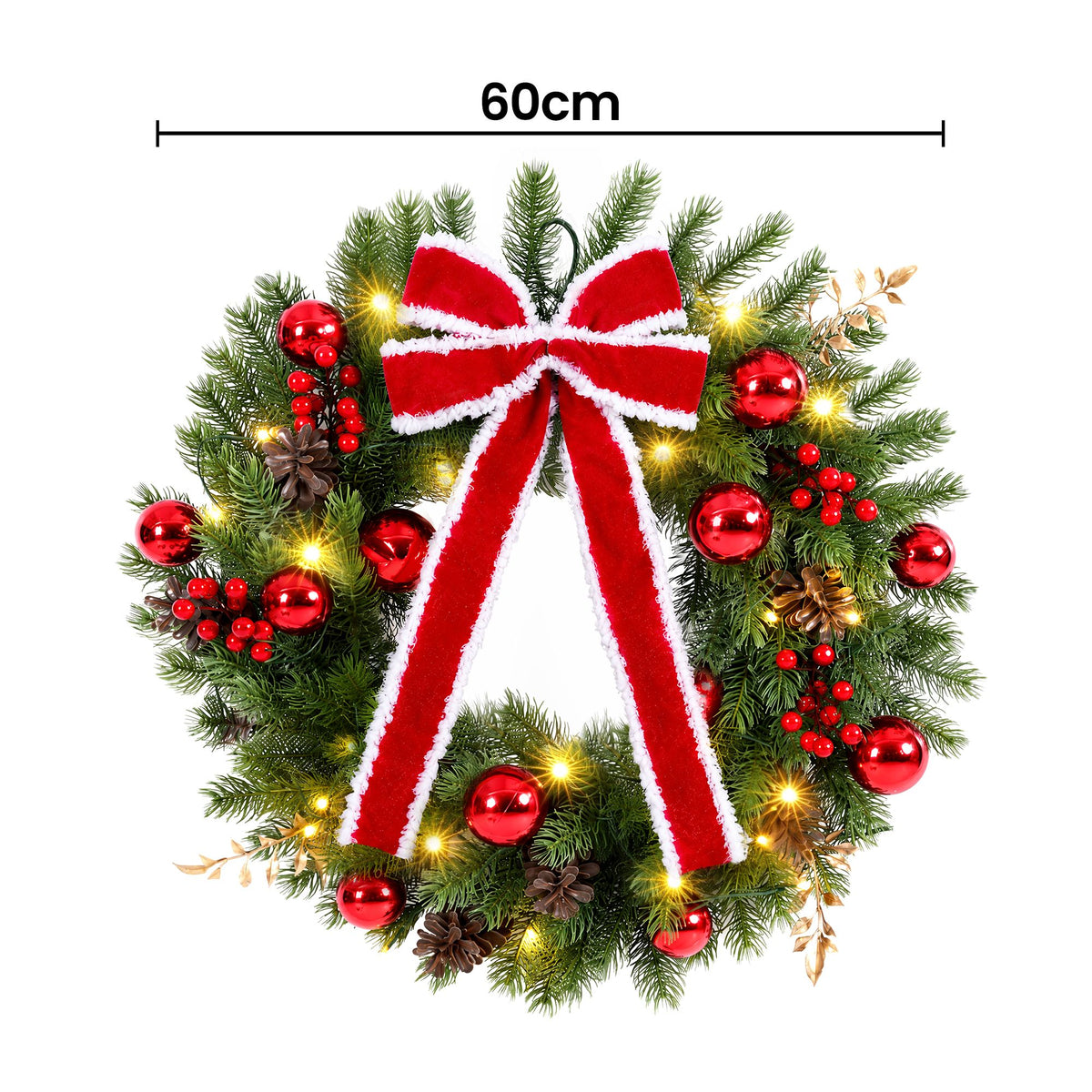 Jingle Jollys 60cm Pre-lit Christmas Wreath Garlands LED Light Front Door Decor Bow